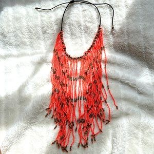 Fun and festive beaded fringe statement necklace, adjustable neckline